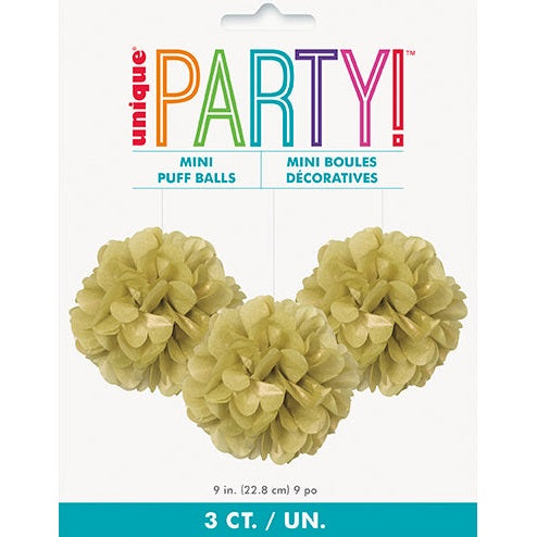 Tissue Puff Decorations – 9" 3-Pack – Gold