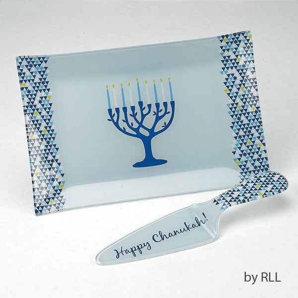 Tree of Life Hanukkah Glass Tray and Serving Set