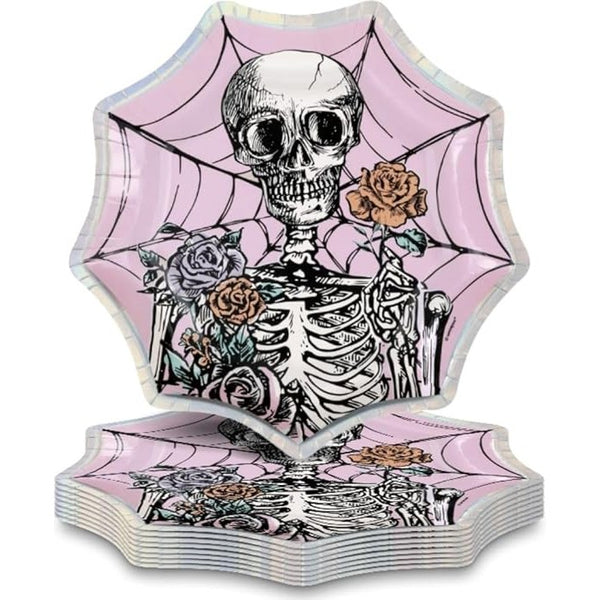 Unique Pink Floral Skulls Halloween Spiderweb-Shaped Dessert Plates - 8.25" Pack of 8 - Iridescent Foil Stamping, Perfect for Halloween Treats and Spooky Celebrations