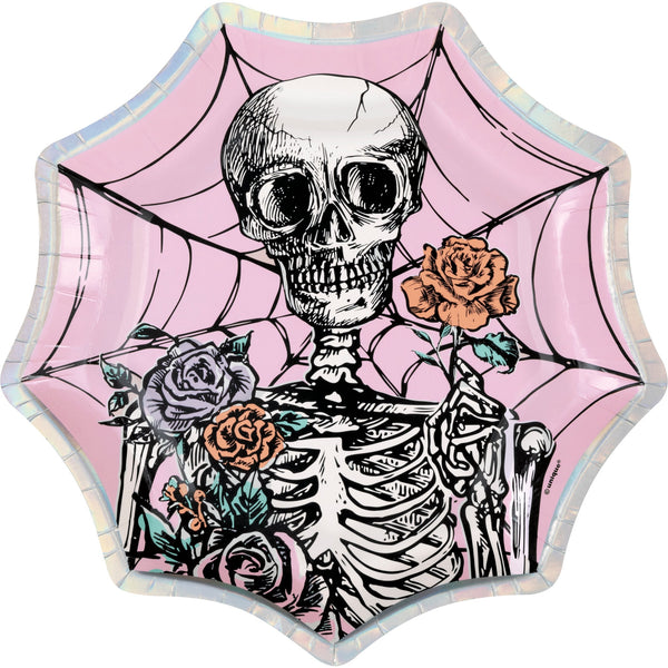 Unique Pink Floral Skulls Halloween Spiderweb-Shaped Dessert Plates - 8.25" Pack of 8 - Iridescent Foil Stamping, Perfect for Halloween Treats and Spooky Celebrations