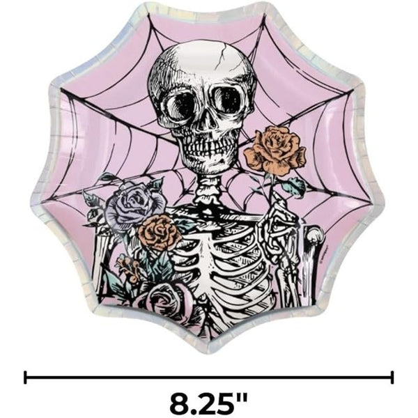 Unique Pink Floral Skulls Halloween Spiderweb-Shaped Dessert Plates - 8.25" Pack of 8 - Iridescent Foil Stamping, Perfect for Halloween Treats and Spooky Celebrations