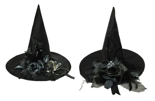 Witch Hat with Gothic Flowers and Skulls, 17"