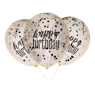6 12" Clear Printed Glitz " Happy Birthday" Balloons With Confetti, Black & Silver