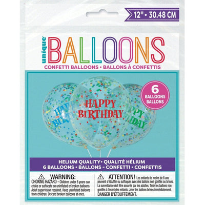 Birthday Clear Latex Balloons With Bright Confetti 12", 6 Count