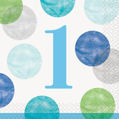 Blue Dots 1St Birthday Beverage Napkins, 16 Count