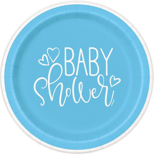 Blue Hearts Baby Shower Round 9" Dinner Plates, 8 Count