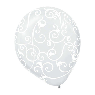 Clear W/White Scroll All-Over Print Latex Balloons