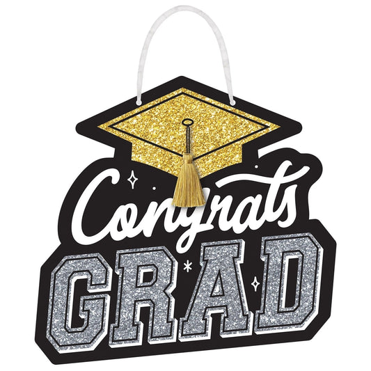 Congrats Grad Value Glitter Sign - Black, Silver, Gold
