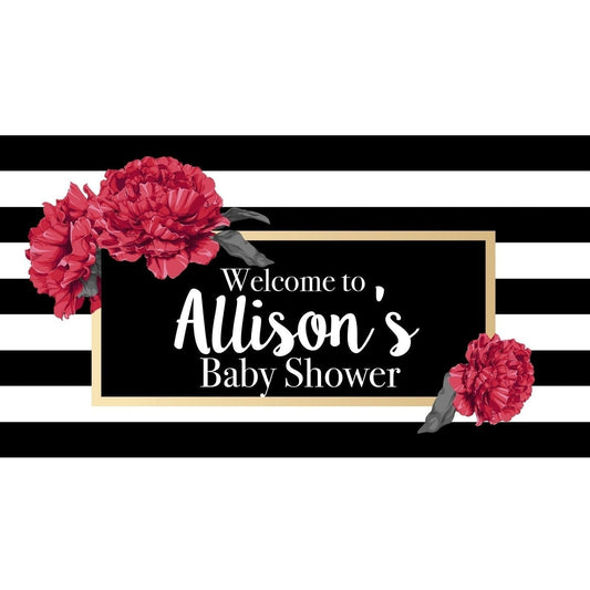 Customizable Yard Sign / Lawn Sign Welcome Baby Shower Black/White Stripes Flower