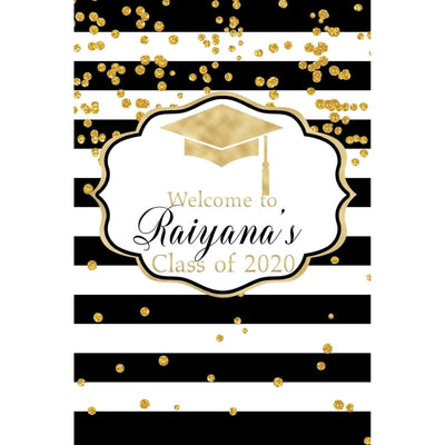 Customizable Yard Sign / Lawn Sign Welcome Graduation Black/White Stripe Gold Confetti