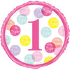 Pink Dots 1St Birthday Round Foil Balloon 18", Packaged