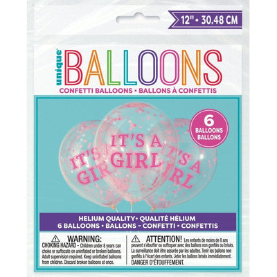 Girl Clear Latex Balloons With Pink Confetti 12", 6 Count