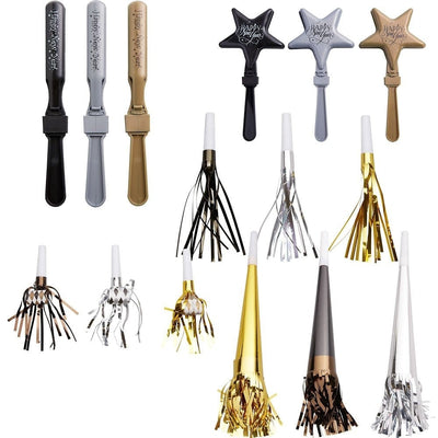 Happy New Year Noisemakers - Black, Silver, Gold