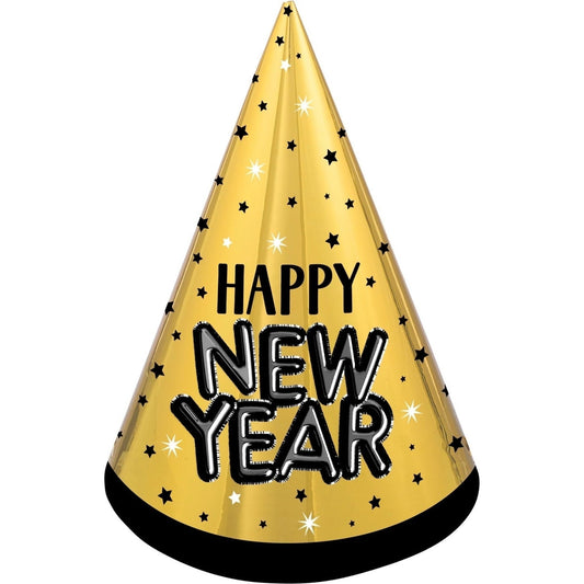 Happy New Year Cone Hat - Black, Silver, Gold