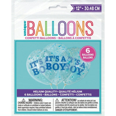 Boy Clear Latex Balloons With Blue Confetti 12", 6 Count