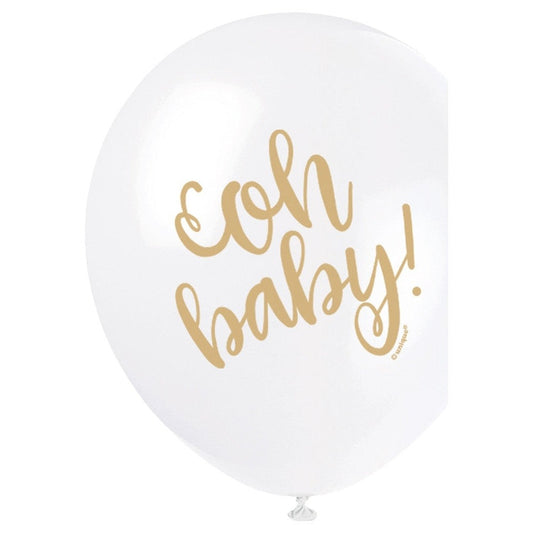 White Gold " Oh Baby" Baby Shower 12" Latex Balloons, 8 Count