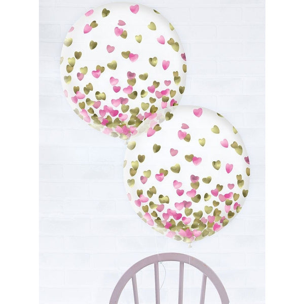 Latex Balloons W/ Confetti, 24" - Hearts, Pink/Gold