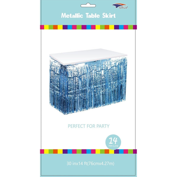 Light Blue Metallic Fringed Table Skirt