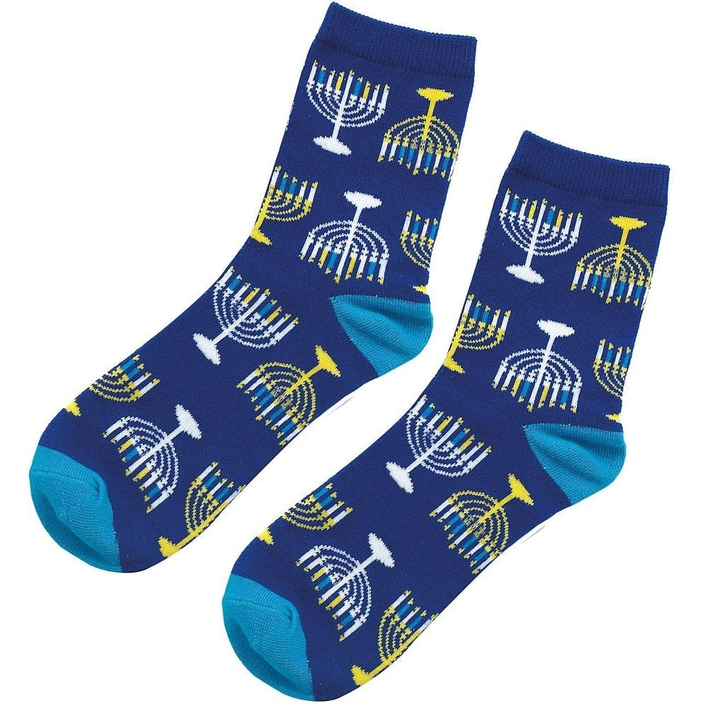 Menorahs Socks, W/ Metallic, Cotton Blend, Adult Crew,14" H,