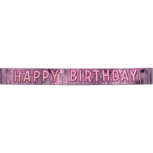 Metallic Happy Birthday Banner Pink W/Silver Gltrd Pink Ltrs