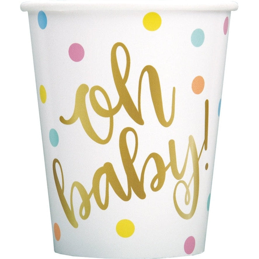 " Oh Baby" Gold Baby Shower 9Oz Paper Cups, 8 Count