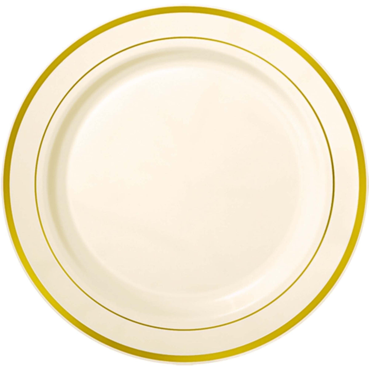 Cream Premium Plastic Round Plates With Gold Trim, 7 1/2"