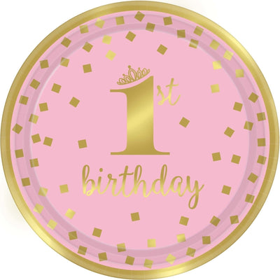 1St Birthday Girl Metallic Round Plates, 9"
