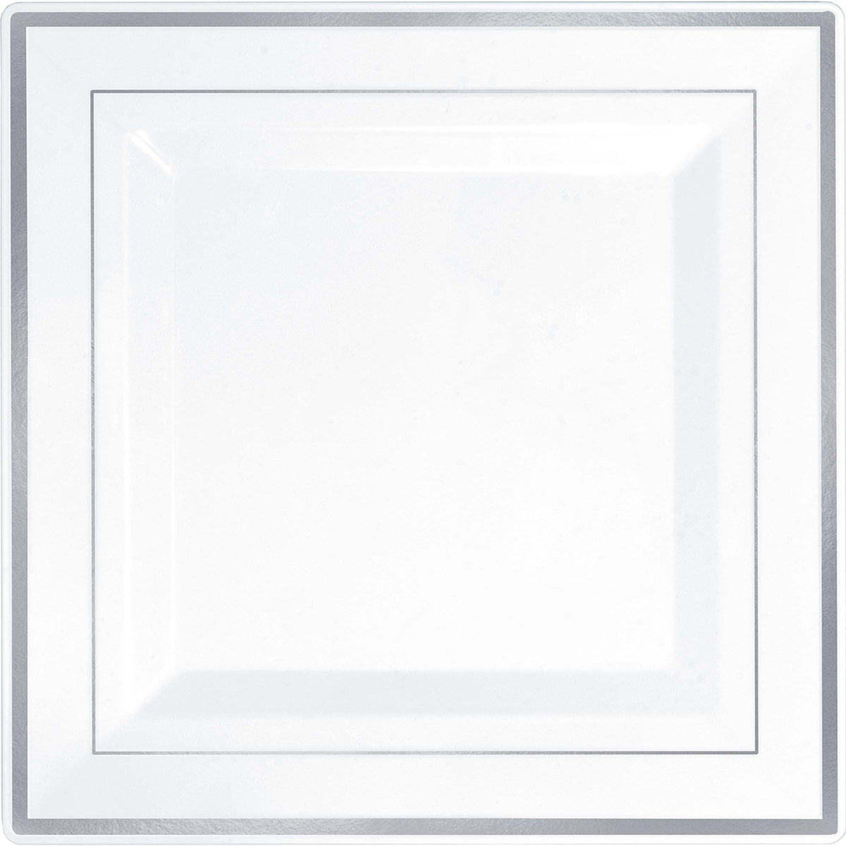 Square Plastic Plate White W/Silver Trim, 10"