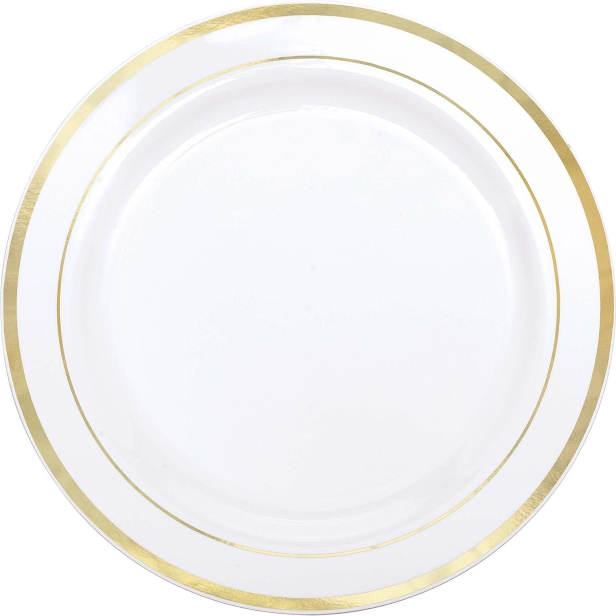 White Premium Plastic Round Plates With Gold Trim, 10 1/4"