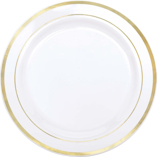 White Premium Plastic Round Plates With Gold Trim, 10 1/4"