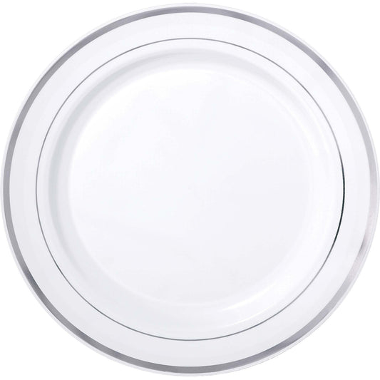 White Premium Plastic Round Plates With Silver Trim, 10 1/4"