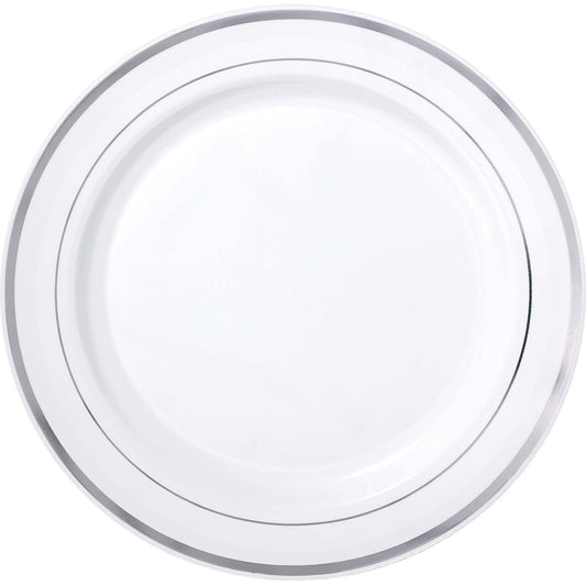 White Premium Plastic Round Plates With Silver Trim, 7 1/2"
