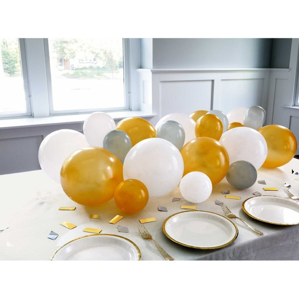 Silver, White And Gold Balloon Garland Table Runner With Foil Confetti Cutouts