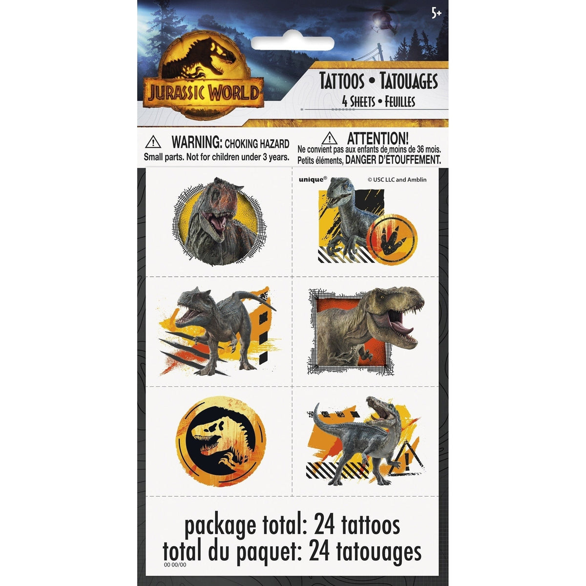 Jurassic World 3 Tattoo Sheets, 4 Count