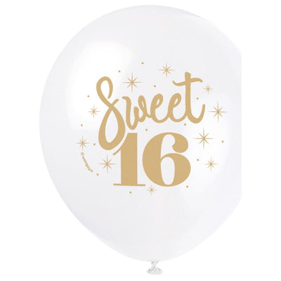 White Gold Sweet 16 12" Latex Balloons, 8 Count